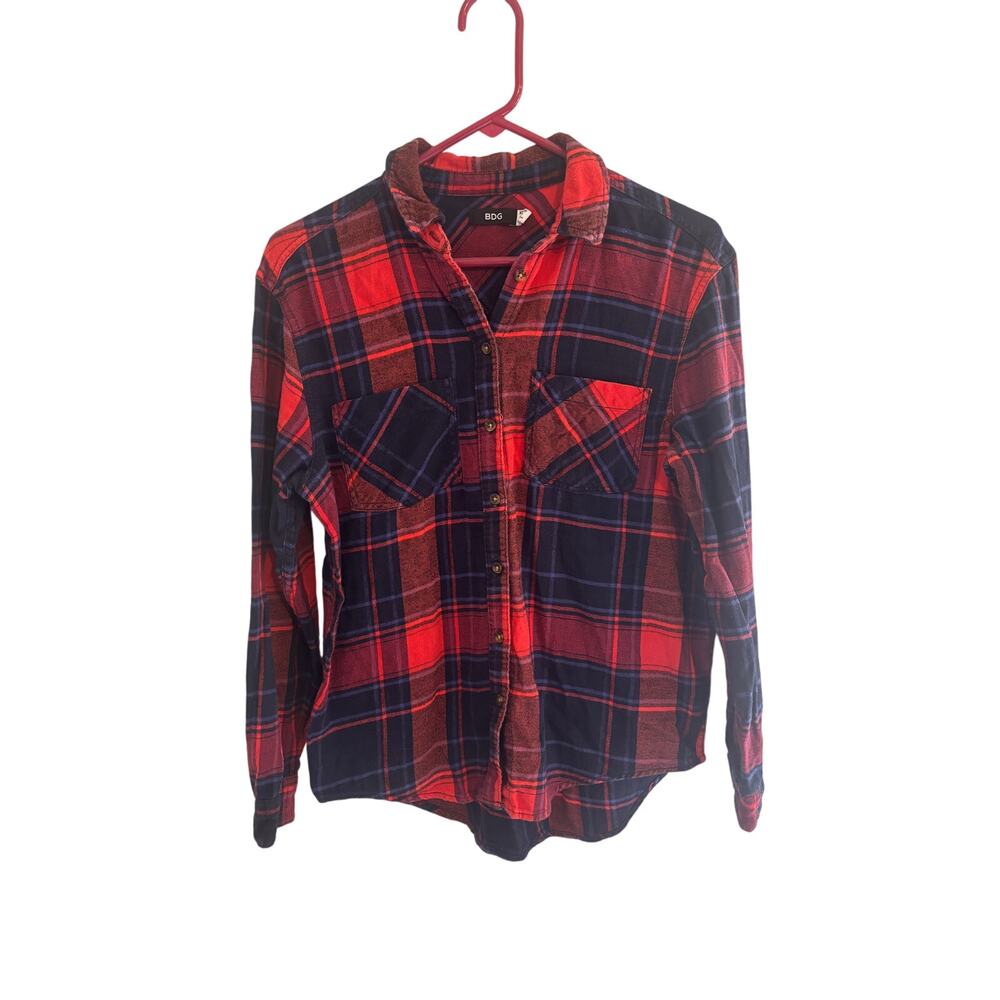 BDG Red Navy Plaid Flannel Button Up Shirt Long Sleeve Women XS Gorpcore Trails
